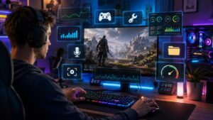 PC gamer using free gaming tools for performance monitoring, recording, voice chat, and game optimization