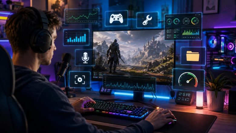 PC gamer using free gaming tools for performance monitoring, recording, voice chat, and game optimization